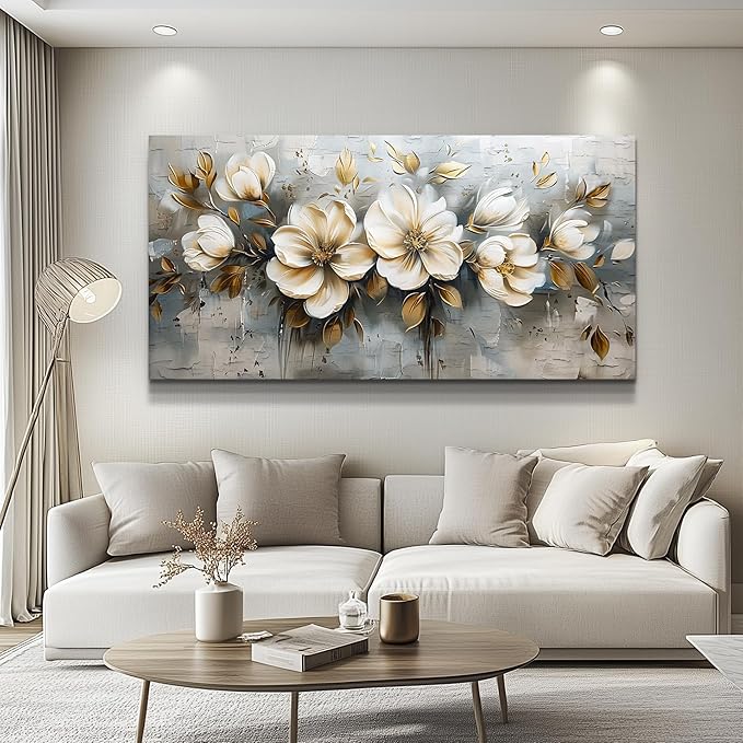 PHAOHUAXM Large Canvas Wall Decor Living Room For Wall Art For Bedroom Office Decorations Abstract White Flowers Wall Paintings Pictures Artwork Modern Framed Posters Home Decor Aesthetic 30"x60"