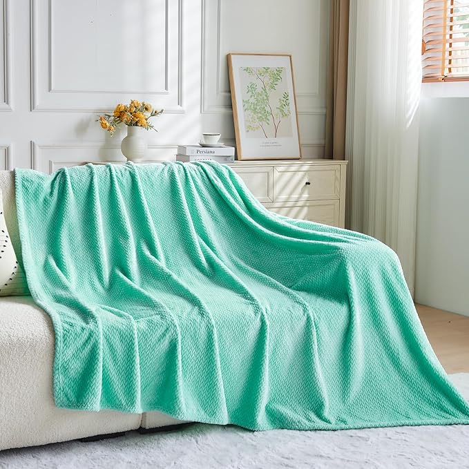 NEWCOSPLAY Super Soft Throw Blanket Aqua Premium Silky Flannel Fleece Leaves Pattern Lightweight Bed Blanket All Season Use (Aqua, Throw(40"x50"))