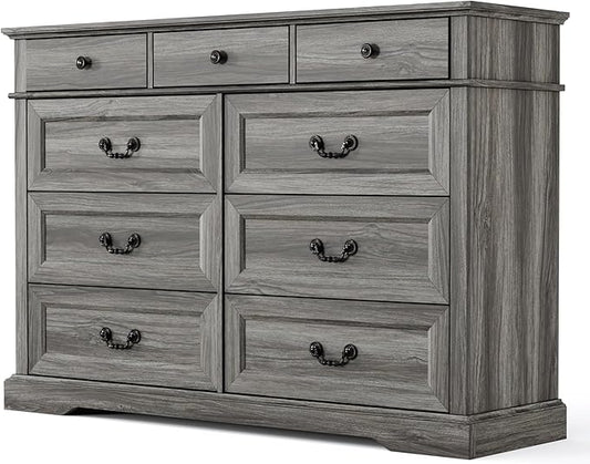 LINSY HOME Updated Dresser for Bedroom with 9 Drawers, Wide Chest of Drawers, Wooden Tall Bedroom Dresser, Storage Organizer for Closet, Living Room, Hallway, Grey