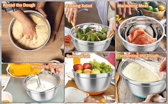 TeamFar Mixing Bowls Set of 7, Stainless Steel Mixing Bowls with Lids for Baking Mixing Prepping, Salad Bowl with Air-tight Lid & Silicone Bottom - 4.6/3.5/2.6/2 / 1.5/1 / 0.7 Qt