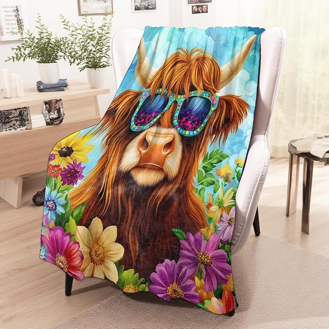 Chic Highland Cow Blanket, Cozy Flannel Cows Wearing Sunglasses Throw Blanket for Couch Outdoor, Plush Soft Lightweight Travel Blankets for Bed Decor and Gifts, for Women Adults Kids 50"x60"