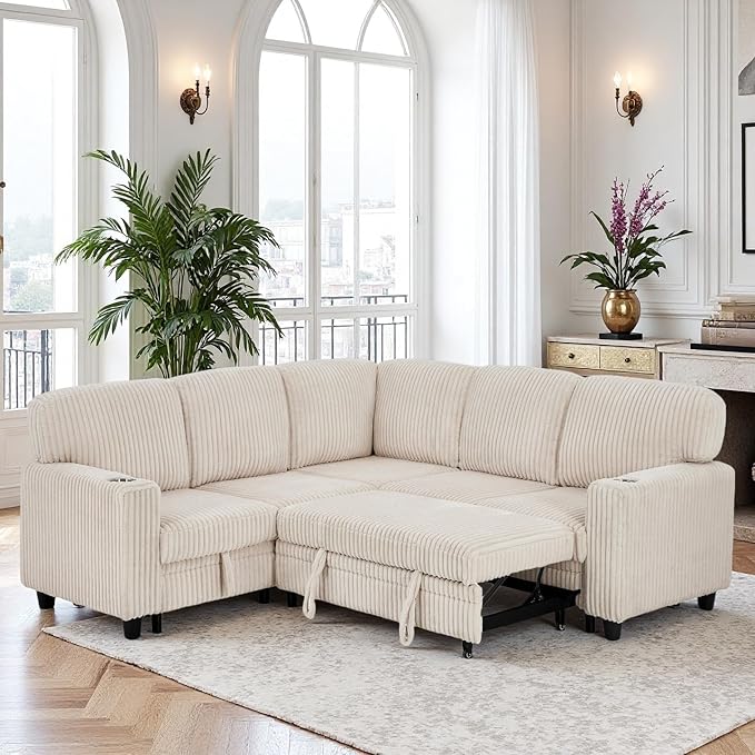Couch, L-Shaped Sleeper Sofa with Storage, Sectional Couches for Living Room, 5-Seat Couch with Pull Out Bed, Convertible Sofa with USB Charging, for Living Room, Apartment, Beige