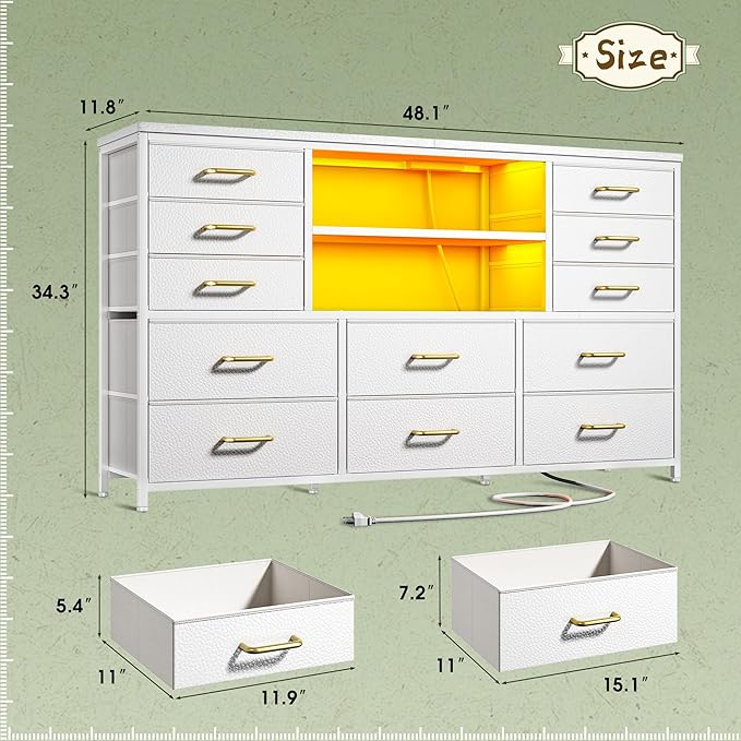 White TV Stand with 12 Fabric Drawers for 55 inch TV, Entertainment Center with Charging Station & LED Lights, TV Media Console Table with 2 Open Storage Shelves for Living Room, Dorms, Wood Top
