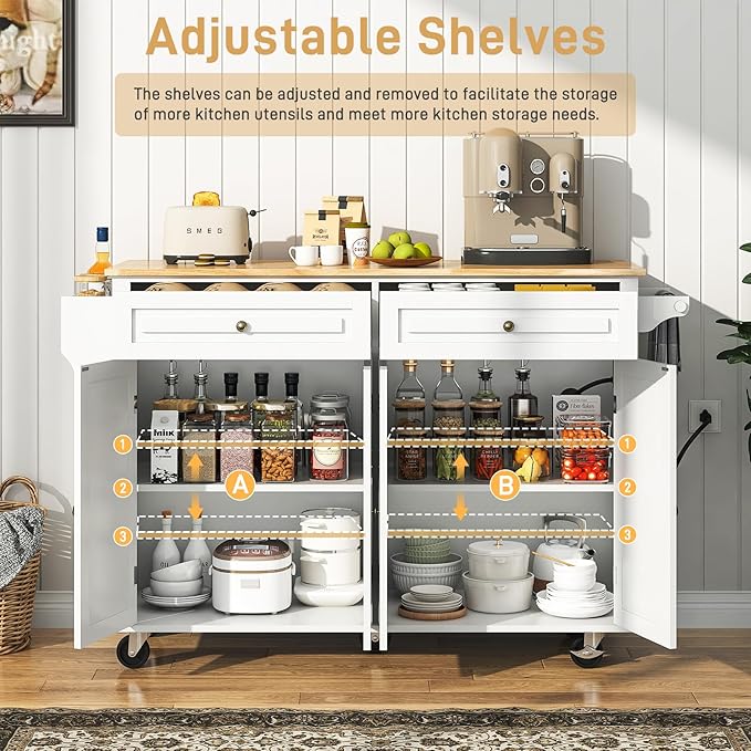 55" Movable Kitchen Island with Drop Leaf and Power Outlet, Rolling Island Cart w/Storage Cabinet, Island Table on Wheels for Kitchen w/2 Drawers, Spice Rack, Towel Bar, Garage Hook, White