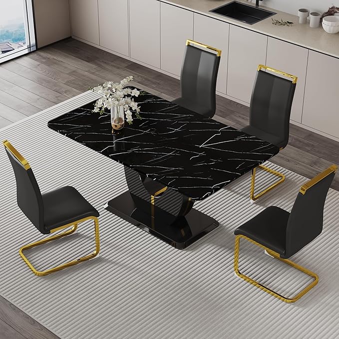 Dining Table Set for 4, Kitchen Table Chairs Set of 4, Modern Dining Room Set with 63 inch Marble Dinner Table PU Leather Upholstered Chairs for Dining Room Kitchen