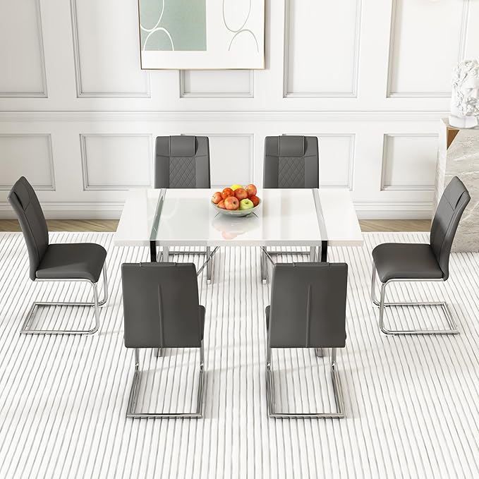Dining Table Chairs Set for 6, Modern Rectangular Dining Room Table Set PU Leather Upholstered Dining Chairs 55" Dinner Table Set for Kitchen, Dining Room (Dining Table Set for 6, Grey)