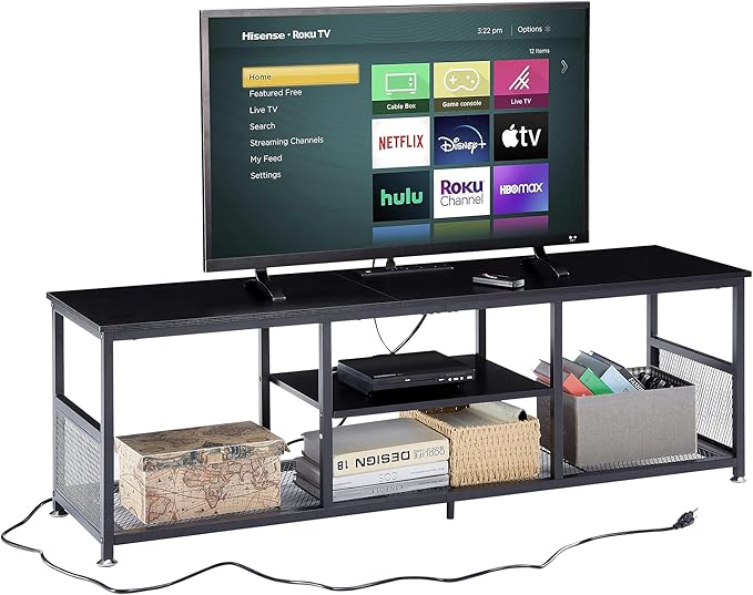 VECELO TV Stand with Power Outlets for Televisions up to 65Inch, 55" Media Entertainment Center with Charging Station 3-Tier Open Storage Shelves with Metal Frame for Living Room/Bedroom，Black