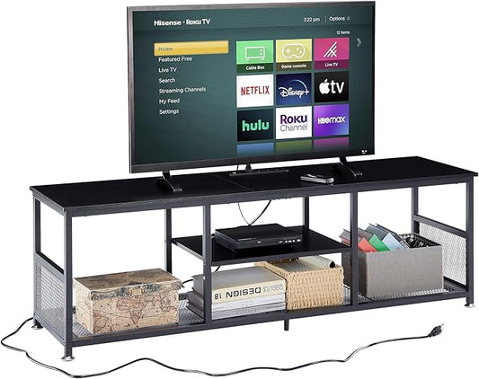VECELO TV Stand with Power Outlets for Televisions up to 65Inch, 55" Media Entertainment Center with Charging Station 3-Tier Open Storage Shelves with Metal Frame for Living Room/Bedroom，Black