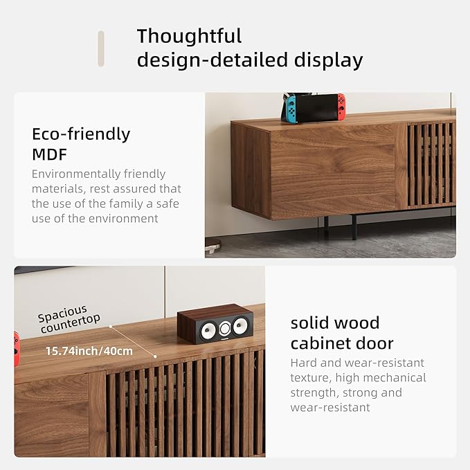 Modern Walnut TV Console for 70 Inch Screen – Long 94.48” Media Unit with Grille Doors and Storage Cabinets, Great for Living Rooms & Bedrooms