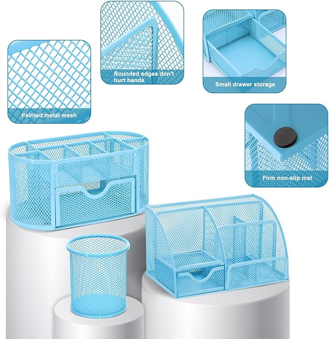 17 in 1 Blue Desk Organizers and Accessories Set, 3 Office Desk Supplies Storage Organization, 4 Pens, Stapler, Staples & Remover, Tape & Dispenser, Scissors, Ruler, Clips, Hole Punch, Back to School