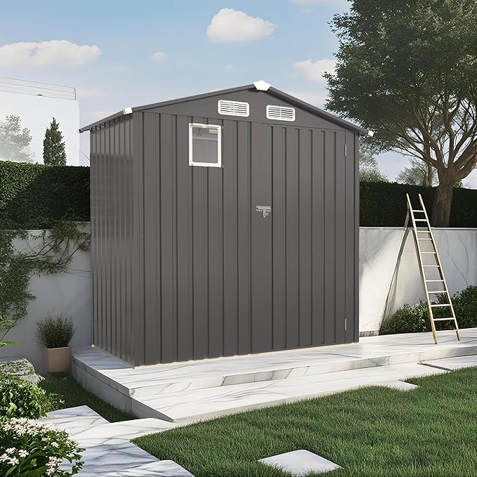 6 x 4 FT Outdoor Storage Metal Shed, Bike Garden Tool Shed with Slooping Roof, Lockable Doors and Aluminum Frames, Shed Easy to Assemble for Garden, Patio, Lawn, Black