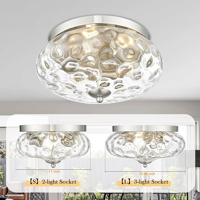 Darkaway Large Ceiling Light Fixtures 3-Ight Flush Mount Indoor Outdoor Ceiling Light with Water ipple Glass Shade for Kitchen Bedroom Living Room Dining Room Entry Porch Nickel Finish