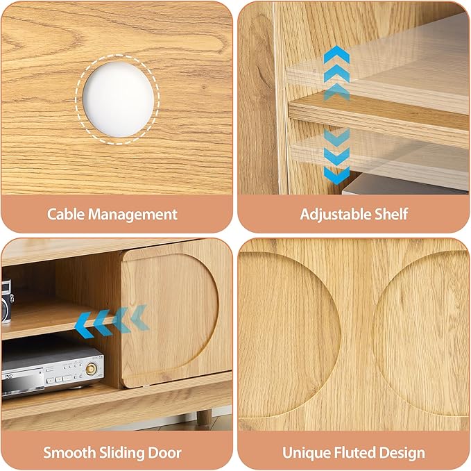 59" Farmhouse TV Stand for Television 55/60/65 Inch, Wooden TV Console with Adjustable Storage Shelf and Arch Sliding Door, Entertainment Center Media Cabinet for Living Room, Bedroom (Natural)