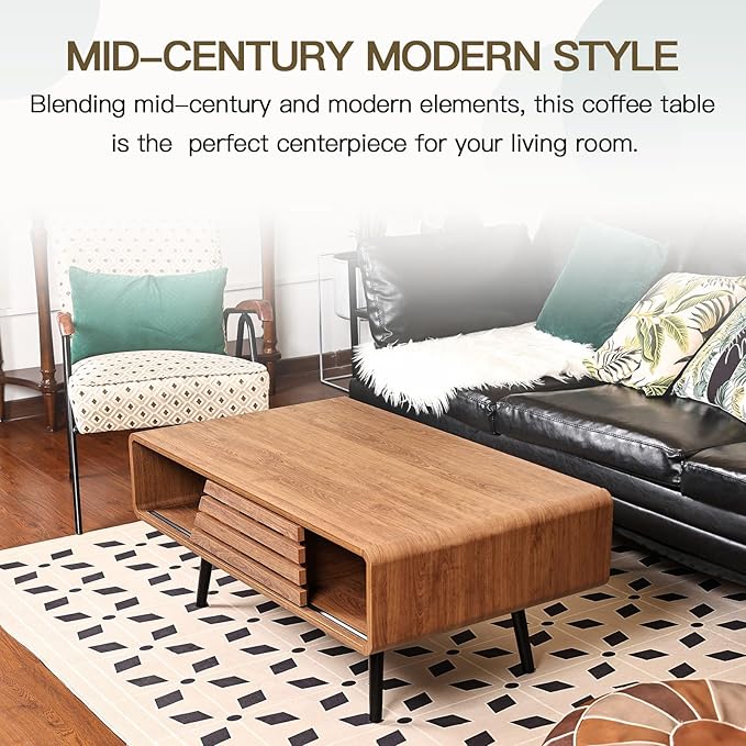 Mid Century Modern Coffee Table - Coffee Table for Living Room, 39.4" Fluted Design with Sliding Door Storage & Open Shelves, Wood Construction, Walnut