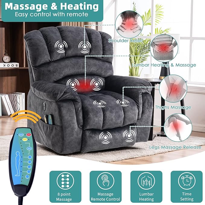 MEETWARM Large Power Lift Electric Recliner Chair with Massage and Heat, Overstuffed Wide Recliner for Elderly Big People, Plush Fabric Recliners with USB Ports, 2 Remote Controls, Side Pockets（Gray）