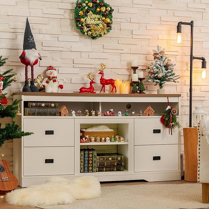 WAMPAT Farmhouse 85 in TV Stand,3 in 1 Wood Entertainment Center with Drawers and Adjustable Shelf, Tall Media Console with Open Storage Space for Living Room,Antique White