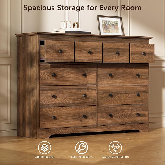 LYNSOM Modern 10 Drawer Dresser, 55.1" Wide Dressers & Chests of Drawers with Large Capacity Storage, Wood Mid Century Storage Dressers Organizer for Bedroom, Hallway, Brown