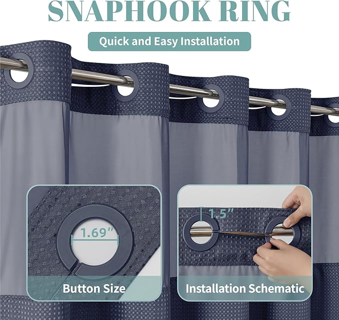 Navy Extra Long No Hook Waffle Weave Shower Curtain with snap-in Liner Replacement, 230GSM Waterproof Fabric Hotel Shower Curtain Set for Bathroom, Through Mesh Top Window,71Wx86H