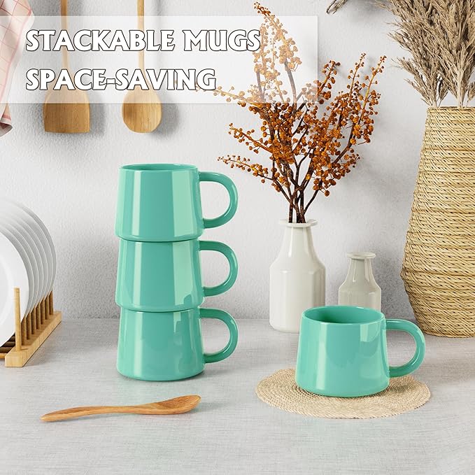 12 oz Coffee Mugs Set of 4, Modern Stackable Coffee Cups Set for Latte, Hot Tea, Cappuccino, Ceramic Coffee Mug Tea Cup, Dishwasher & Microwave Safe, Housewarming Wedding Present (Turquoise)