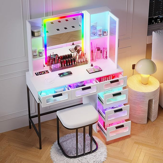 HNEBC White LED Vanity, Makeup Vanity with RGB Lights and 6 Drawers for Bedroom, Makeup Desk with USB/Wireless Charging, Dressing Table with Shelves/Cabins/Stool, Vanity Table Set as Gifts for Girls