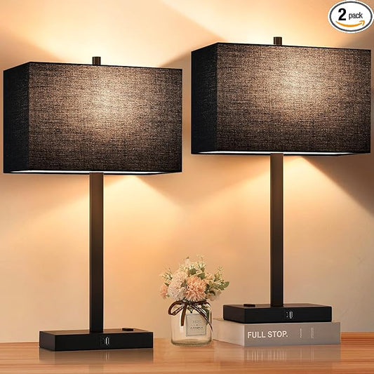 21" Touch Bedside lamps with 2 USB & AC Outlets, 3-Way Dimmable Bedside Table Lamps Set of 2 for Bedroom Living Room Office Reading, Black Shade Lamps for Night Stands, 2700K LED Bulbs Included