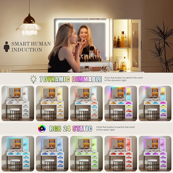 Vanity Desk with Mirror and RGB Lights, Makeup Vanity Desk with Wireless Charging Station,Large Dressing Table Set with Stool,LED Vanity Table with 6 Drawers/Cabinet/Shelves for Bedroom, White