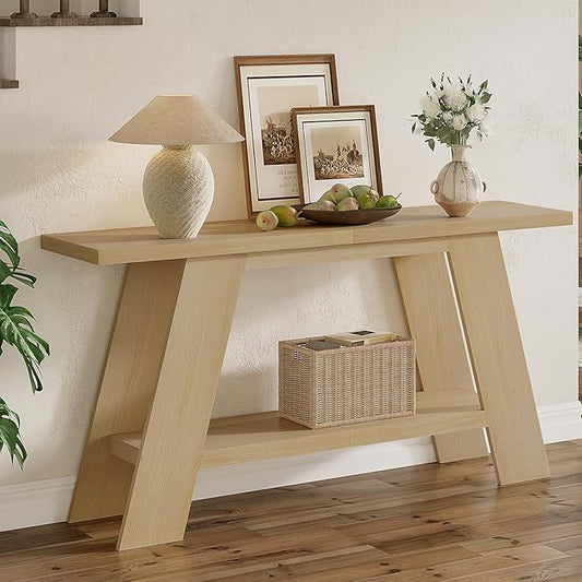 Treocho 63 Inch Long Console Tables for Entryway, 2-Tier Modern Wood Sofa Table with Shelf Behind Couch, Contemporary Narrow Entryway Table for Living Room, Hallway, Entrance, Hallway, Entrance, Oak