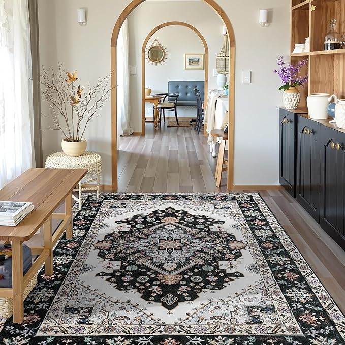Living Room Rug 6x9 Rug, Machine Washable Area Rug Non Slip Low Pile Rug for Living Room, Bedroom, Farmhouse, Dining Room, Black