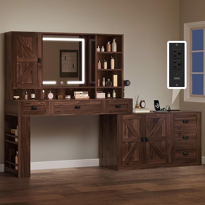 YITAHOME 48'' Farmhouse Makeup Vanity Desk with Mirror and Lights, 68'' 360° Rotation Big Modern Lighted Vanity Table with 6 Drawers & Lots Shelves, Rustic Large Dressing Table, Antique Brown