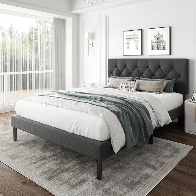 Full Size Platform Bed Frame with Upholstered Headboard, Button Tufted Design, Strong Wooden Slats, No Box Spring Needed, Easy Assembly, Noise Free