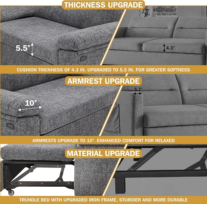 Vipbear 3-in-1 Chenile Convertible Sofa Bed, Pull Out Sleeper Sofa with USB Charging Station/Reclining Backrest/Side Pocket, Loveseat for Living Room, Apartment, Tool-Free Assembly, Dark Grey