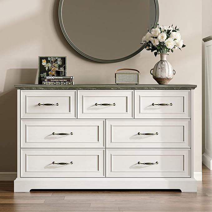 Farmhouse 7 Drawers Dresser for Bedroom, 48" Wide Modern Chest of Drawers with Deep Drawers & Bar Handles, Rustic Wood Dresser TV Stand, Wooden Closet Storage Organizer for Living Room, Hallway, White