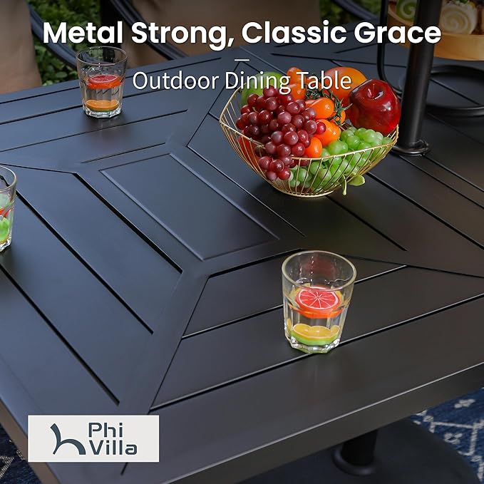 PHI VILLA 7 Piece Patio Dining Table Set for 6, 64" Metal Dining Table with Umbrella Hole & Cushioned Wicker Chairs for Outdoor, Yard, Porch, Deck