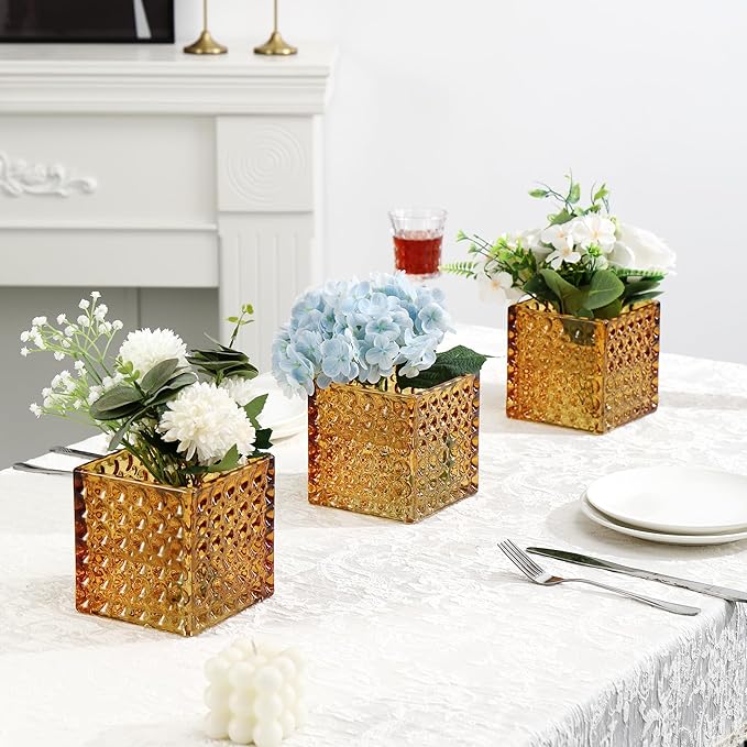MARTAGE Square Vases Set of 6, 4" x 4" x 4" Square Glass Vases for Flowers, Amber Flower Vase for Centerpieces, Small Bubble Vase for Wedding, Party, Home, Office, Parties, Events