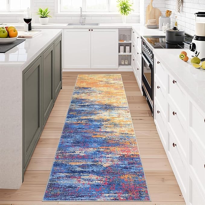 Washable Runner Rug 2x6 Modern Abstract Kitchen Rugs, Non Slip Bathroom Rug, Low Pile Laundry Room Soft Long Carpet for Hallway Bedroom Entryway, Blue/Orange