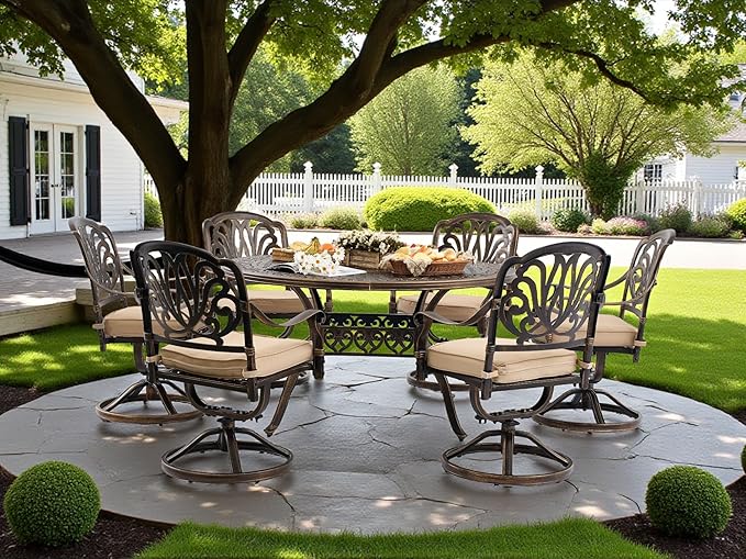 7 Piece Outdoor Dining Set Cast Aluminum, Retro Patio Dining Furniture Set for 6 Includes 54’’ Round Table 6 Chairs with Thicker Cushion and Umbrella Hole for Patio Deck Garden