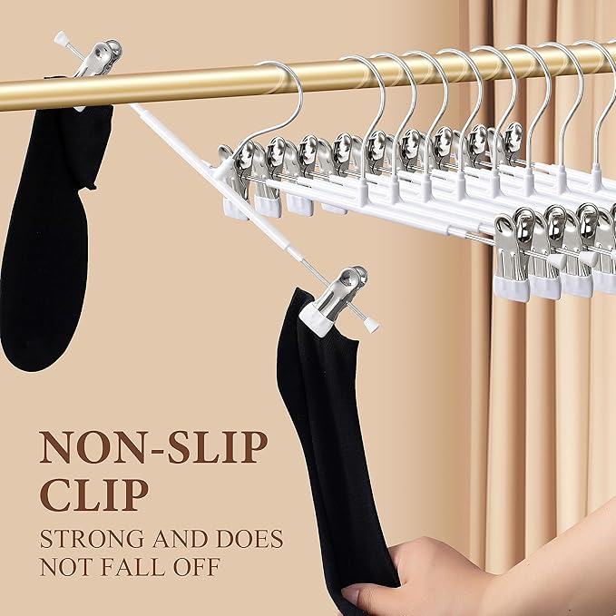 Pants Hangers with Clips 20 Pack Adjustable Skirt Hangers for Women Non-Slip Trousers Hanger for Jeans Clothes Hangers for Pants Heavy Duty Space Saving Shorts Hangers,White,12Inch