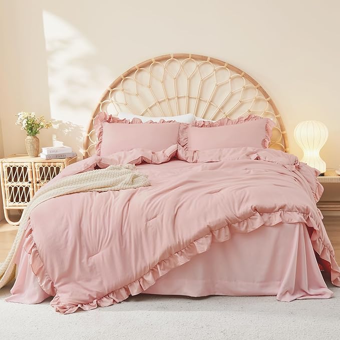 Litanika Blush Pink Ruffle King Bed Comforter Set, 3 Pieces Girls Women Cute Bedding Comforters & Sets, Lightweight Fluffy Microfiber Down Alternative (104x90In Comforter & 2 Pillowcases)