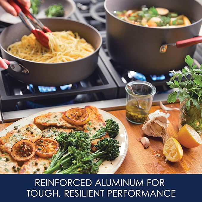 Rachael Ray - 87630 Rachael Ray Cucina Hard Anodized Nonstick Cookware Pots and Pans Set, 12 Piece, Gray with Red Handles