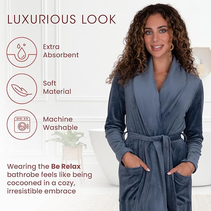 Be Relax Terry Velour Robe - Made of Polyester, Shawl Collar Robe with Belt & Side Pockets, Soft & Warm Bathrobe for Women