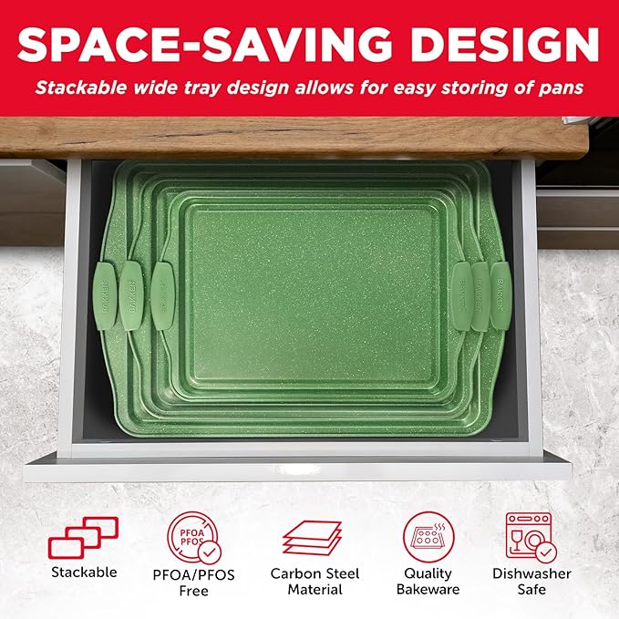 BAKKEN Kitchen Baking Pan Set - Nonstick Green Marble Coating, Carbon Steel Bakeware Sets with Green Silicone Handles, Kitchen Essentials, PFOA, PFOS, PTFE Free, Oven Safe (Up To 450° F), Set of 3