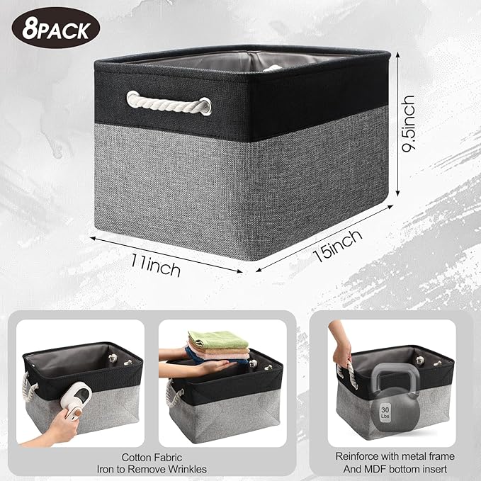 meekoo 8 Pack Collapsible Storage Bins Fabric Storage Bins Polyester Fabric Baskets with Handles Linen Closet Organizer for Shelf Home Closet Towels Toys(15 x 11 x 9.5 in,Black Gray)