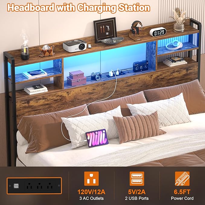 Aheaplus Headboard for Queen Size Bed with Storage, Headboards with LED Light, Power Outlets, USB Ports Queen Size Head Board, Wood headboard Only Sturdy and Stable Headboards, Modern, Rustic Brown