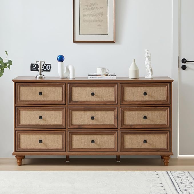 9 Drawer Dresser for Bedroom, Mid Century Modern Wide Wood Rustic Chest of Drawers Wooden Storage Organizer Dressers with Burlap Rattan Drawers for Living Room, Hallway Closet, Entryway, Walnut