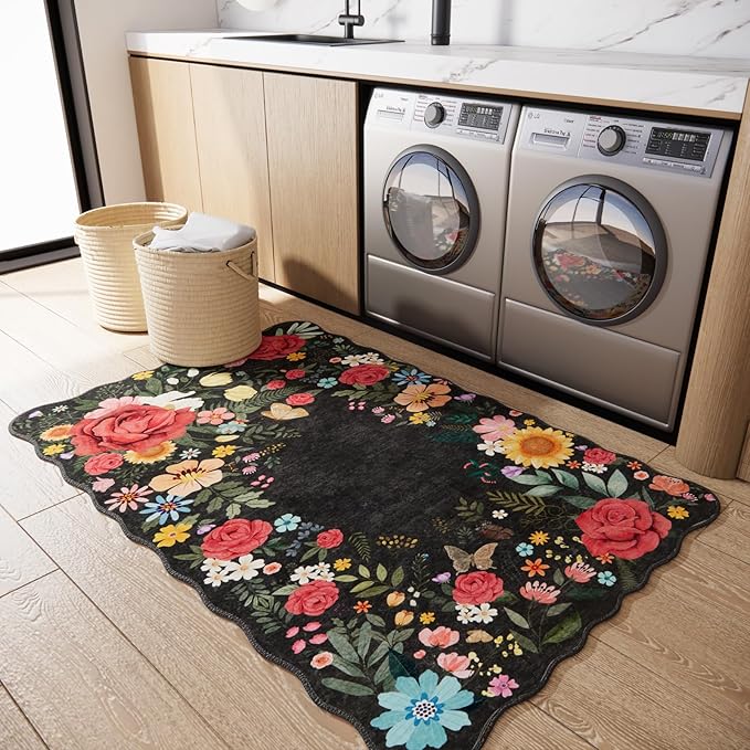 Floral Washable Area Rug 3'x5' Non Slip Boho Vintage Low Pile Soft Carpet for Living Room, Dining Room, Bedroom High Traffic Areas Indoor Rug for Bathroom, Entryway Decor (Black