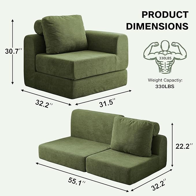 Convertible Folding Sofa Bed, Multi-Functional Sleeper Chair with Memory Foam and Back Support – Portable Futon Couch for Living Room, Bedroom, or Small Spaces