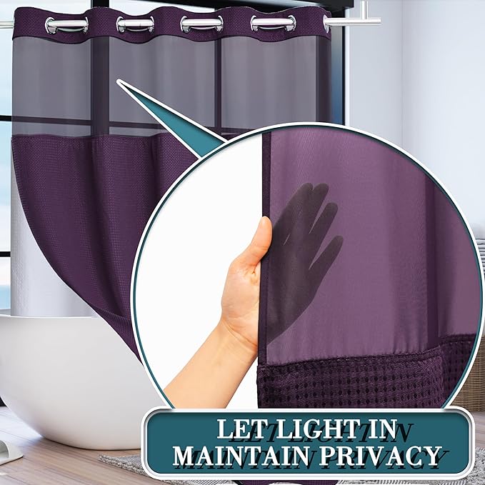 Conbo Mio No Hook Waffle Weave Shower Curtain with Snap in Liner Set, Hotel Luxury Purple Shower Curtains for Bathroom with See Through Top Window, Waterproof, Washable 71W x 74H