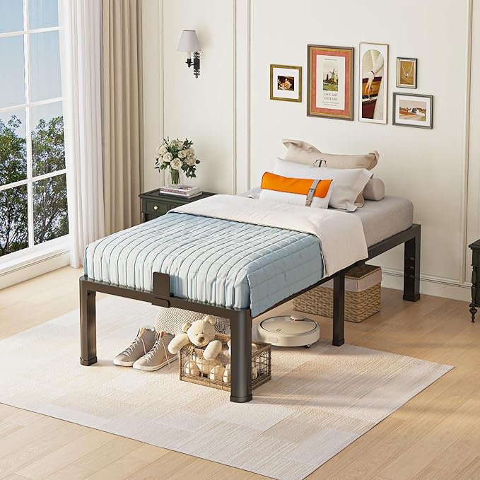 16 inch Twin Bed Frame with Rounded Corner Legs and Headboard Hole Mattress Slide Stopper 3500 LBS Heavy Duty Support Metal Platform,No Box Spring Needed, Noise Free, Easy Assembly