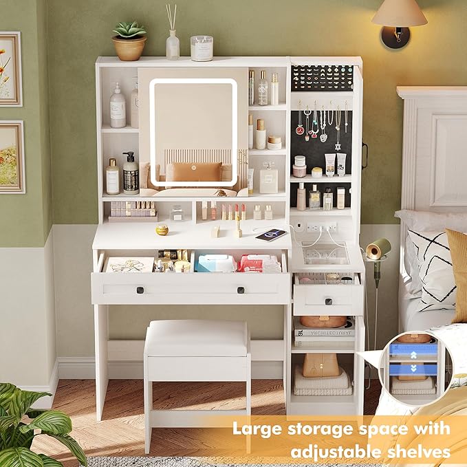Vabches Makeup Vanity Desk with Mirror and Lights, Farmhouse Vanity Mirror with Lights Desk and Chair, White Vanity Table with Charging Station and Storage, Dressing Table Set for Bedroom Room