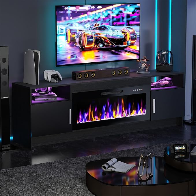 Ludatido 70 Inch TV Stand with 36 inch Electric Fireplace 27 LED Light Entertainment Center for TVs Up to 80" Black Modern Wood Media TV Console with Highlight Cabinet for Living Room Black